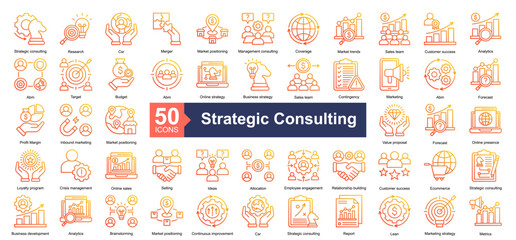 Strategic Consulting Icon Collection Set.Containing Strategic, Research, Csr, strategic consulting, Market positioning icon. Simple line gradient style Vector Illustration.