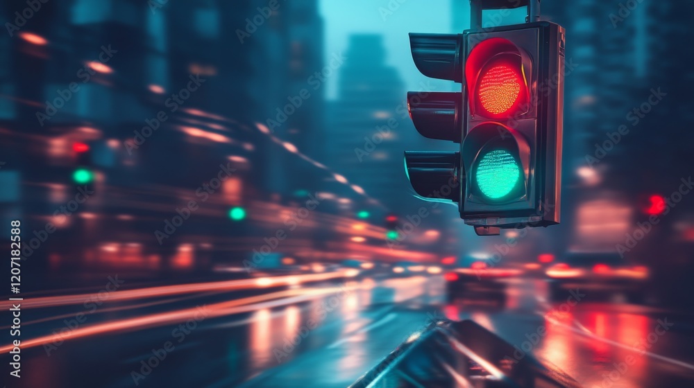 Poster a dynamic image of a traffic light with a green signal and cars moving forward, capturing the essenc