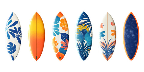 Fototapeta premium A set of surfboards with colorful patterns, isolated on a white background.