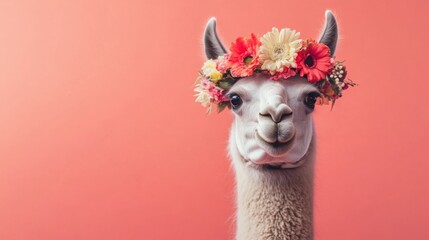 Fototapeta premium A charming llama with a floral wreath against a solid peach background, portrait style, studio shot