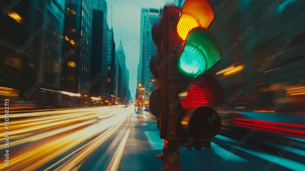 Poster a dynamic image of a traffic light with a green signal and cars moving forward, capturing the essenc