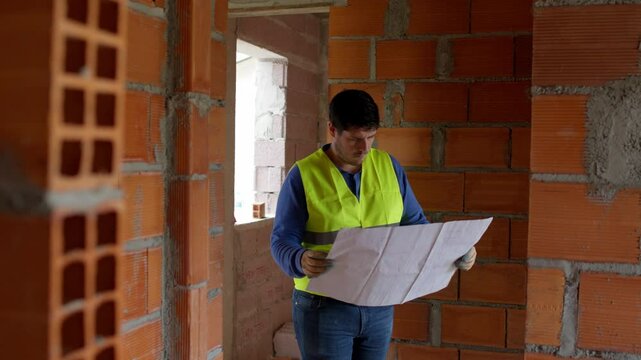 4K slow-motion footage of a construction worker walking into a door frame made of orange brick, inspecting the construction project, and looking around the site.