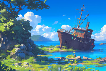 Naklejka premium Abandoned shipwreck on a serene beach with lush greenery and distant mountains under a clear sky