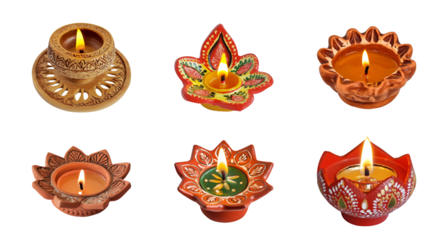 Diya lamp isolated on a transparent or white background, cut-out, PNG, Diwali festival of lights celebration
