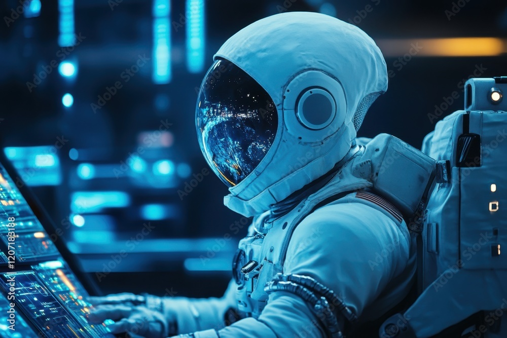 Wall mural astronaut operates futuristic control panel in a high-tech space environment