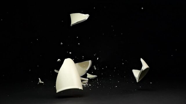 A simple mug crashes to the ground, breaking apart in slow motion as pieces scatter dramatically on a sleek matte black backdrop.
