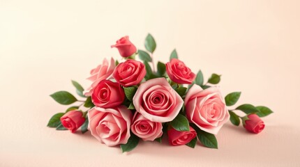 A delicate bouquet of pink and red roses arranged on a soft peach background. Perfect for Valentine's Day, Mother's Day, or any romantic occasion.