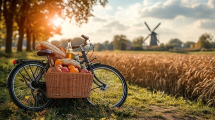 Naklejka premium Bicycle picnic basket countryside sunset windmill