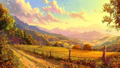 A winding dirt road leads through a valley with rolling hills, a small farmhouse, and a fence. The sky is a vibrant blue with fluffy white clouds, and the sun is setting in the distance.