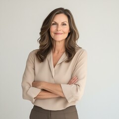 Mature, confident woman with soft smile and dark hair wearing beige knit sweater against neutral background.