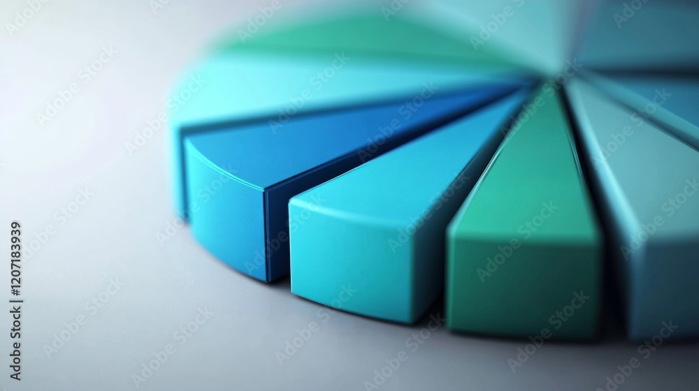 Aufkleber A dynamic pie chart with segmented portions in shades of blue and green, placed on a minimalist gray background, illustrating financial distribution