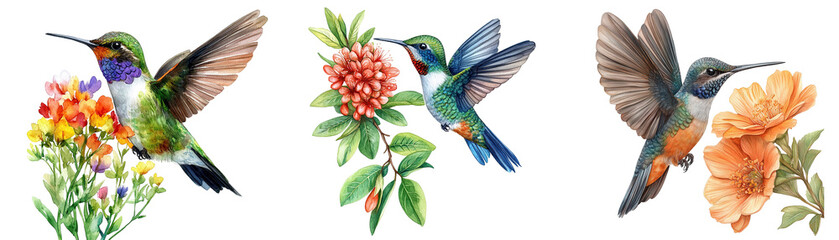 Three vibrant hummingbirds in flight, watercolor style, near colorful flowers, isolated on transparent background. Perfect for textile design, greeting cards, and nature-themed projects.