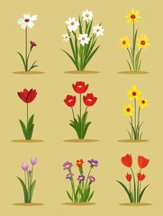 Spring Flowers Blooming Garden Floral Illustrations Nature Botanical Art Design