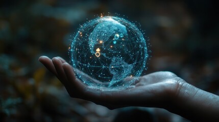 Hand holding glowing digital earth globe.