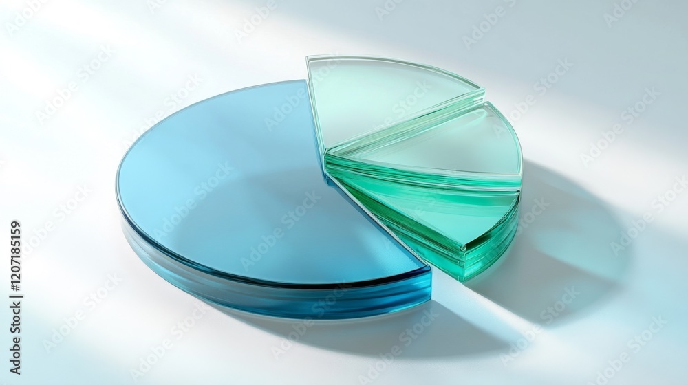 Aufkleber a financial pie chart with transparent d slices in blue and green hues, displayed on a light backgro