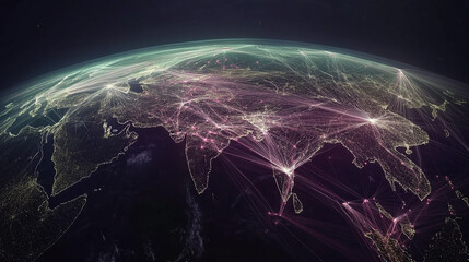 A glowing digital world in a futuristic network design