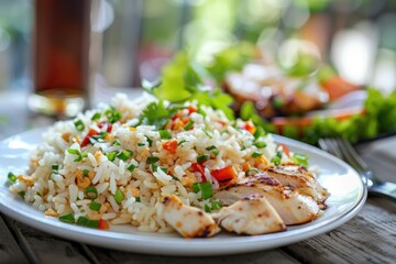 Chaufa rice on white plate with grilled chicken and salad.