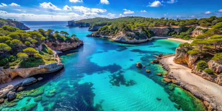Mallorca's Cala Varques:  Sun-drenched turquoise waters, white sand beach, and breathtaking cliff faces captured from above.