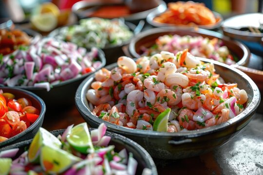 Peruvian seafood buffet featuring ceviche and choritos a la chalaca.