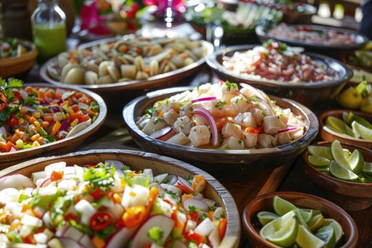 Peruvian seafood buffet featuring ceviche and choritos a la chalaca.
