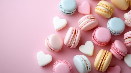 Fototapeta premium Assorted Colorful Macarons and Heart-Shaped Cookies on Pink Surface