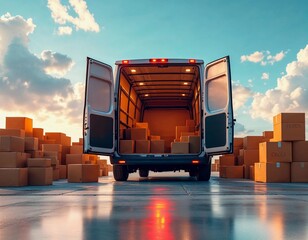 A delivery van with open doors, revealing stacks of cardboard boxes under a beautiful cloudy sky