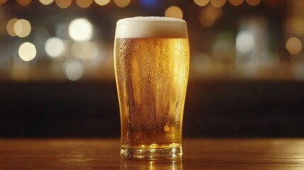 A frosty pint glass filled with golden beer, condensation glistening on the surface, placed on a rustic wooden table against a blurred background