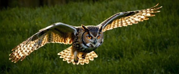 Fototapeta premium Owl in flight, wings spread wide, majestic predator, golden feathers, sharp talons, piercing eyes, green grassy background, detailed plumage, nocturnal hunter, dynamic pose, wildlife photography