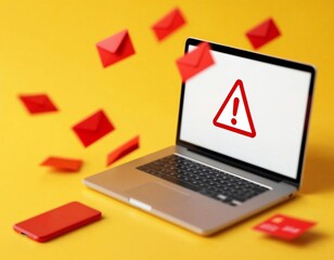 Laptop Screen Showing Warning Sign with Red Envelopes, Phone and Credit Card around it