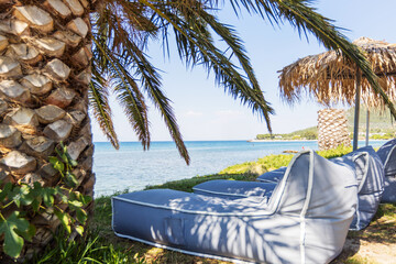 Calm beach scene with comfortable loungers under a palm tree, summer vacation, inviting you to relax.