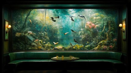 Serene Jungle Mural Depicting Birds in Lush Tropical Landscape