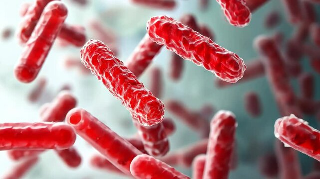 Bunch of red bacteria are shown in the air. They are small and red in color. They are moving around and are not in a specific pattern