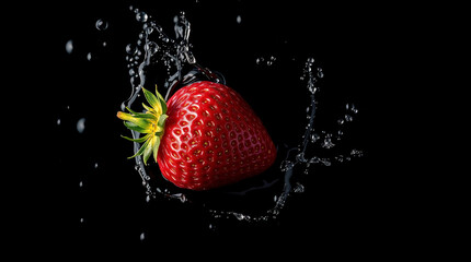 Strawberry in a water splash, intense jet black background