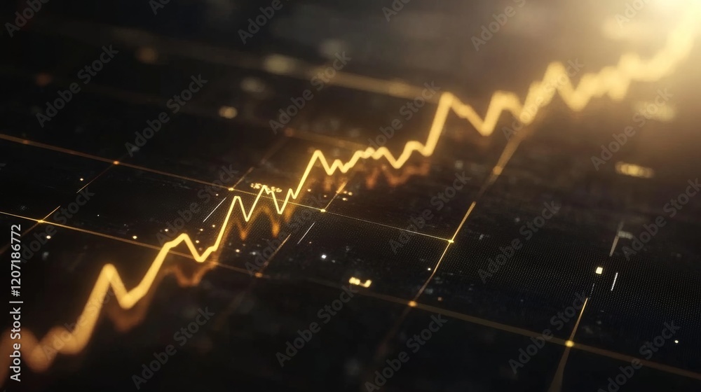 Aufkleber a glowing line chart with a golden line trending upward, set on a textured black background for a se