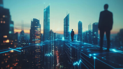 abstract professional business team people connection of line from nail node to node on Smart digital cityscap and skyline background , Innovation networking concept