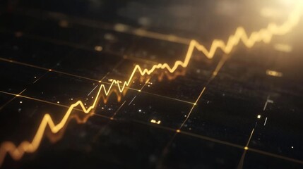 Fototapeta premium A glowing line chart with a golden line trending upward, set on a textured black background for a sense of luxury and financial growth