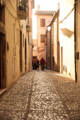 a couple walking in town