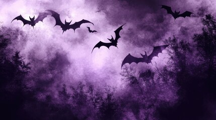 A dark and moody Halloween design with bats silhouetted against a deep purple and black gradient sky, accented by eerie mist and glowing moonlight.