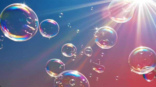 Soap bubbles floating in the air against a clear sky. The bubbles shimmer with rainbow colors, reflecting the sun's rays. Light highlights and bright colors create an atmosphere of lightness and magic