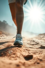 Naklejka premium Runner's legs and feet on sandy trail, sun shining bright. Dust kicks up as they run.