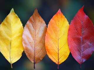Obraz premium Four autumn leaves in gradient colors from yellow to red.