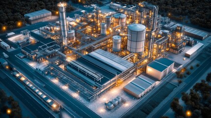 Fototapeta premium Aerial View of Illuminated Industrial Complex at Night