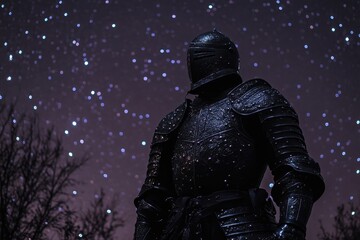 Fototapeta premium Medieval knight stands under a starry night sky in a tranquil outdoor setting