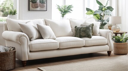 Cozy and Elegant White Sofa with Decorative Cushions in Bright Room