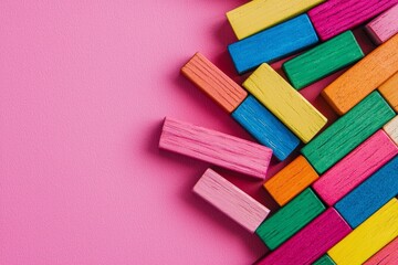 Fototapeta premium Colorful wooden building blocks on a pink background