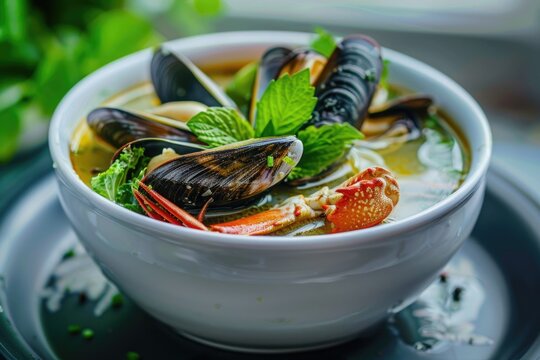 Peruvian seafood soup with crab  mussels  and cassava