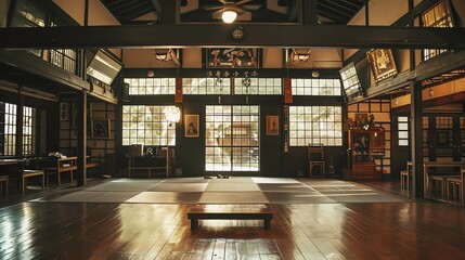 The image is a beautiful shot of a traditional Japanese dojo. The dojo is made of wood and has a high ceiling. The floor is covered with tatami mats.