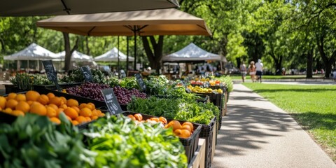 Lively outdoor farmers market with fresh produce and greenery in a park setting