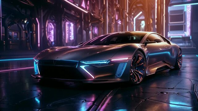 A glossy, futuristic sports car, gleaming with gold, stands on a dark reflective floor under the glow of neon lights. Futuristic architecture and high-tech urban environment in the background.