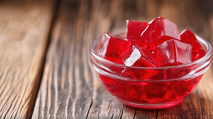 Red jelly cubes glisten in a clear glass bowl, their vibrant hues creating a delightful dessert.